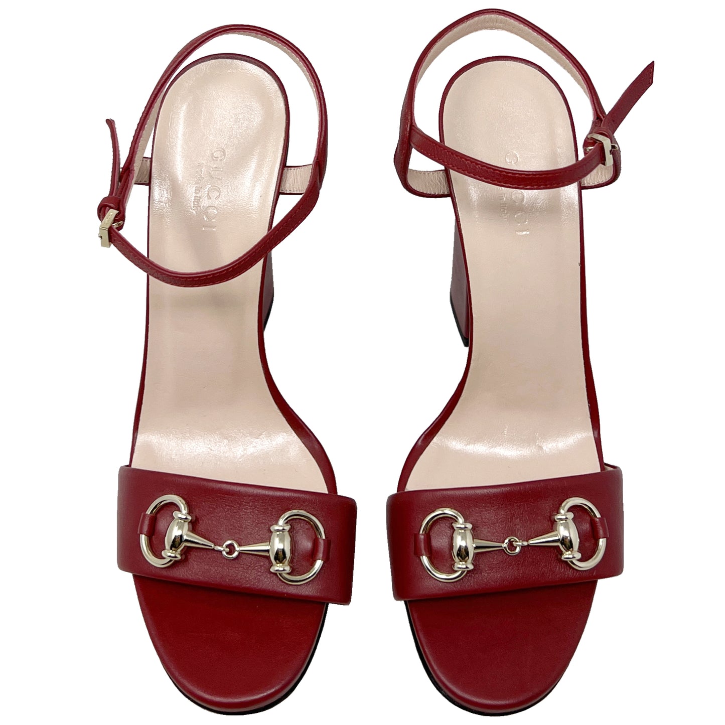 Gucci Red Leather Horsebit Ankle Strap Open Toe Block High Heel Sandals Size EU 37.5