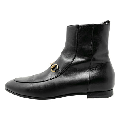 Gucci Jordaan Horsebit Black Leather Round Toe Zip Up Flat Ankle Boots Size EU 37.5