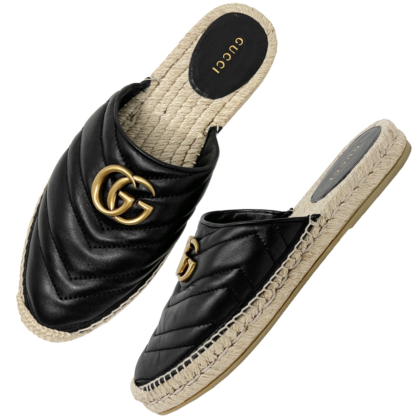 Gucci Marmont Black Chevron Quilted Black Leather Espadrilles Flats Mules