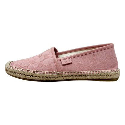 Gucci Supreme Pink Logo Monogram Canvas Leather Trim Espadrille Slip On Flats Size EU 37.5