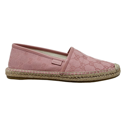 Gucci Supreme Pink Logo Monogram Canvas Leather Trim Espadrille Slip On Flats Size EU 37.5