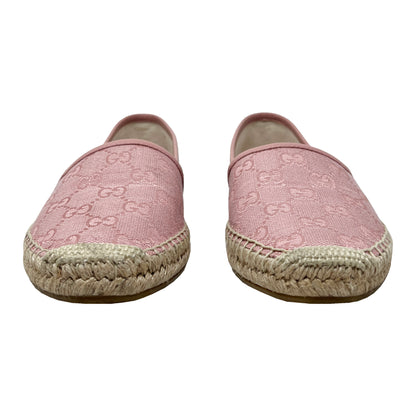 Gucci Supreme Pink Logo Monogram Canvas Leather Trim Espadrille Slip On Flats Size EU 37.5