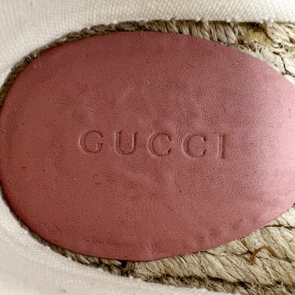 Gucci Supreme Pink Logo Monogram Canvas Leather Trim Espadrille Slip On Flats Size EU 37.5