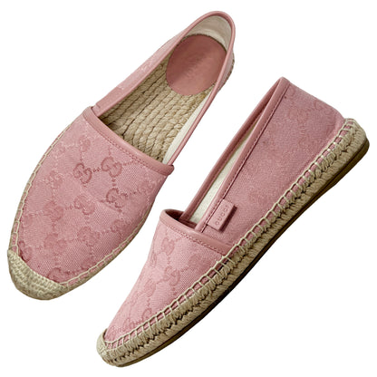 Gucci Supreme Pink Logo Monogram Canvas Leather Trim Espadrille Slip On Flats Size EU 37.5