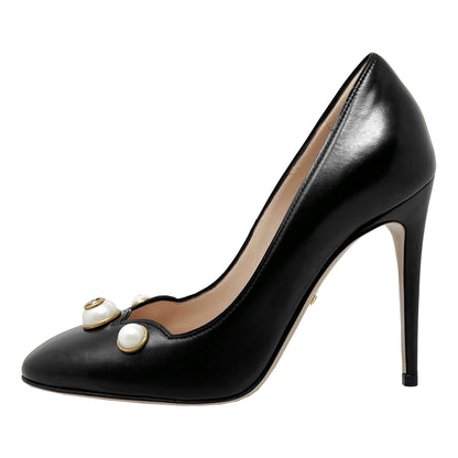 Gucci Heels Willow Pearl Embellished GG Logo Scalloped Leather Round Toe Stiletto Pumps