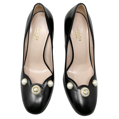 Gucci Heels Willow Pearl Embellished GG Logo Scalloped Leather Round Toe Stiletto Pumps