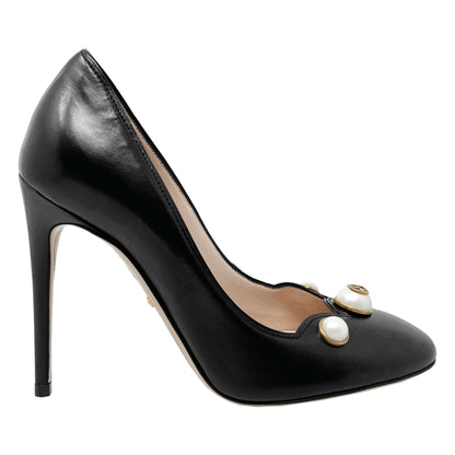 Gucci Heels Willow Pearl Embellished GG Logo Scalloped Leather Round Toe Stiletto Pumps