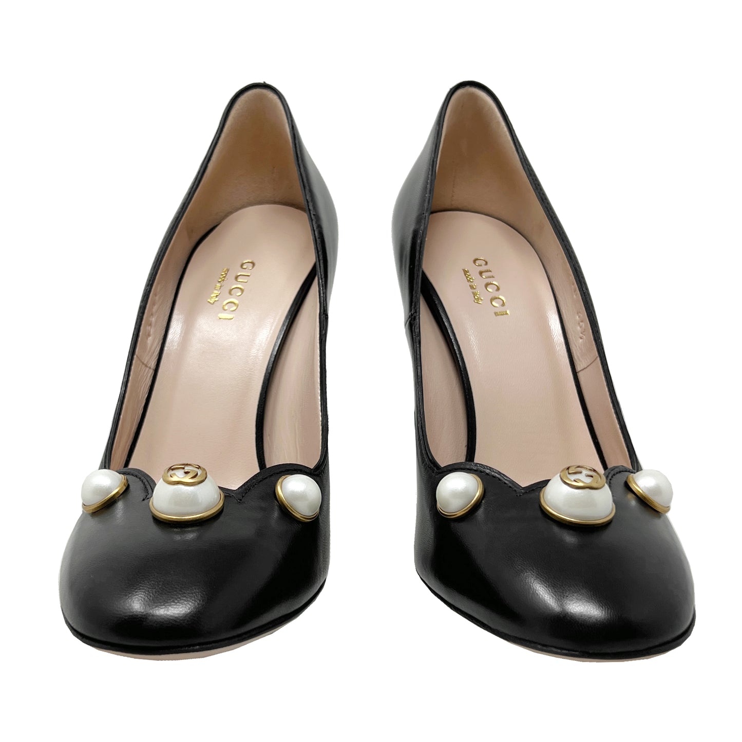 Gucci Willow Pearl Embellished GG Logo Scalloped Black Leather Round Toe Pumps Size EU 35.5