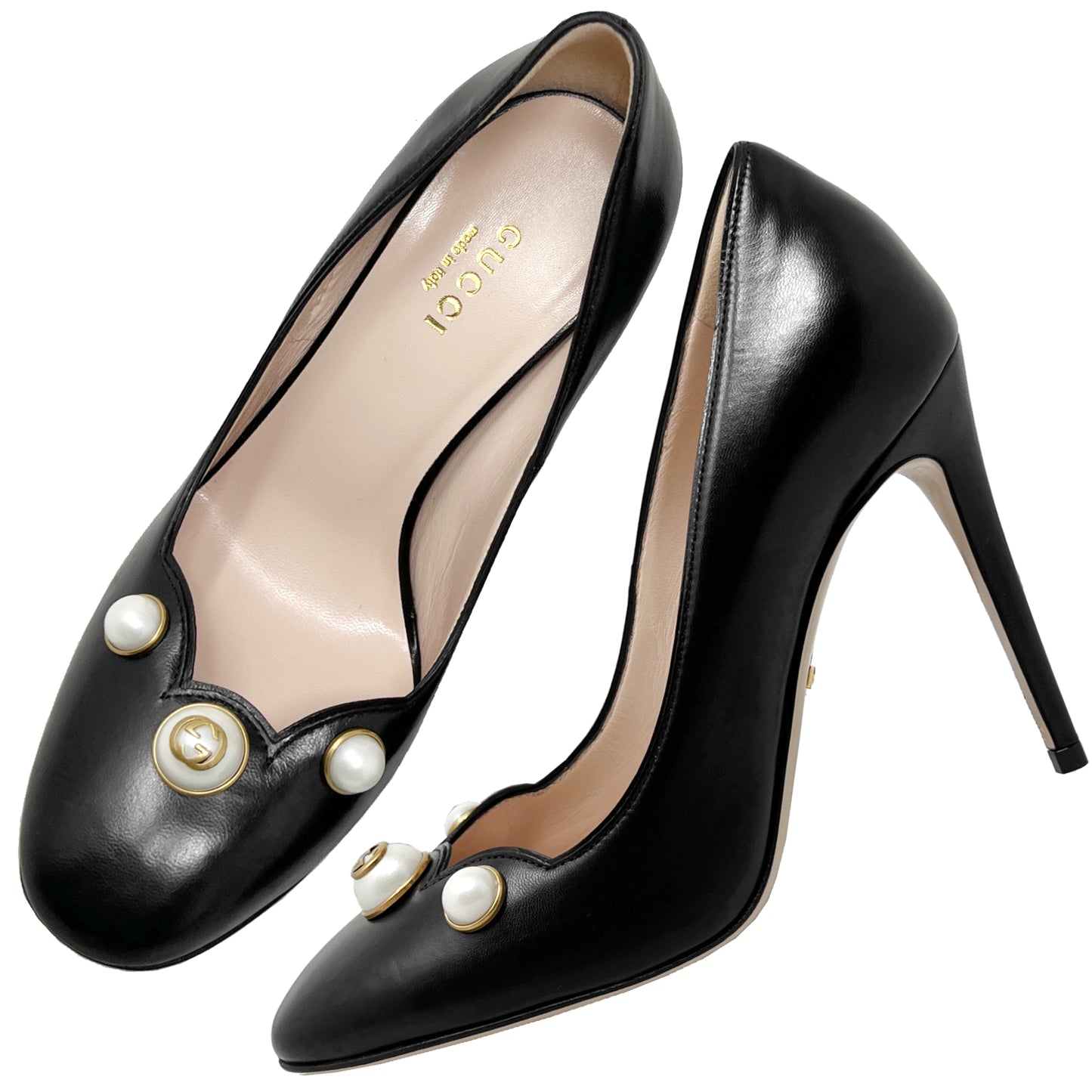Gucci Heels Willow Pearl Embellished GG Logo Scalloped Leather Round Toe Stiletto Pumps