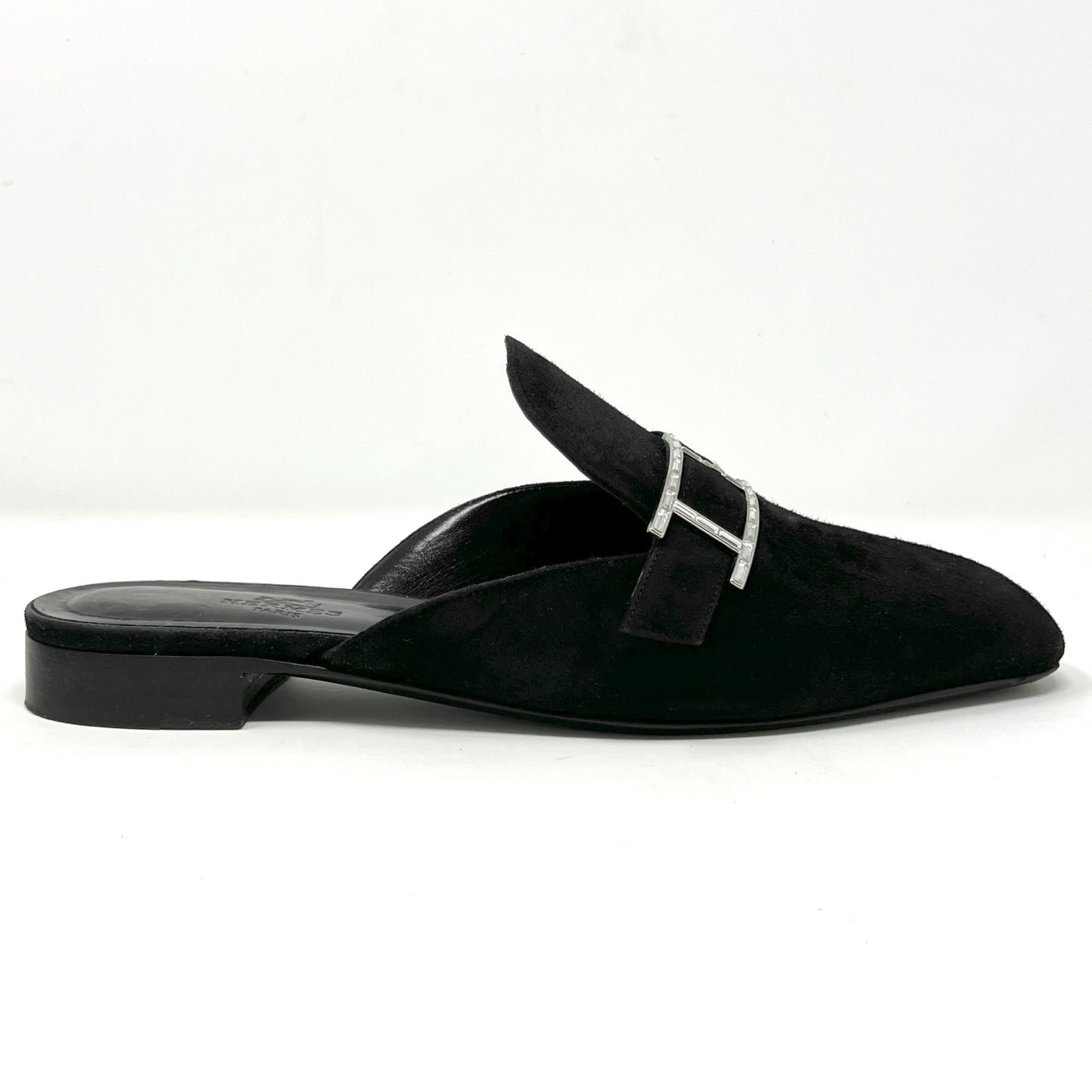 Hermes Black Suede Goat Leather Beauty Crystal "H" Logo Loafer Mules Flats Size EU 37.5