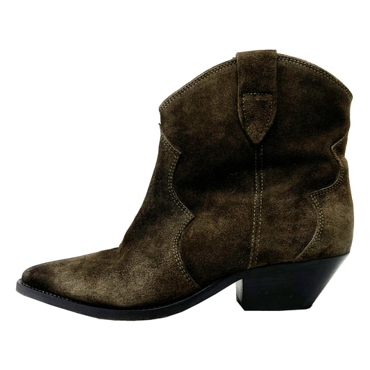Isabel Marant Dewina Cowboy Western Pointed Toe Brown Olive Suede Ankle Boots Size EU 38
