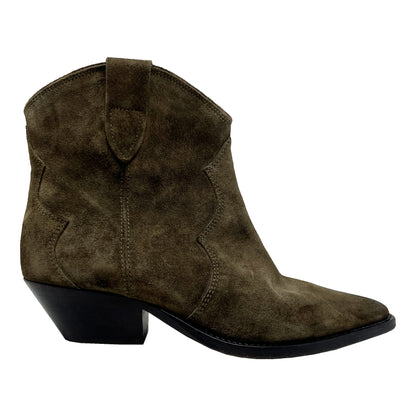 Isabel Marant Dewina Cowboy Western Pointed Toe Brown Olive Suede Ankle Boots Size EU 38