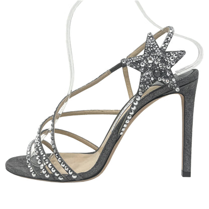 Jimmy Choo Lynn Anthracite Gray Silver Crystal Embellished Star Strap Sandals Size EU 39