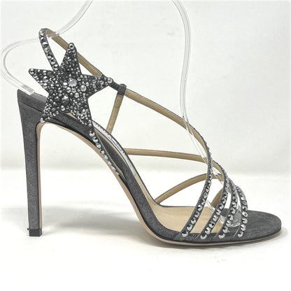 Jimmy Choo Lynn Anthracite Gray Silver Crystal Embellished Star Strap Sandals Size EU 39