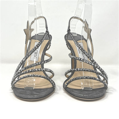 Jimmy Choo Lynn Anthracite Gray Silver Crystal Embellished Star Strap Sandals Size EU 39