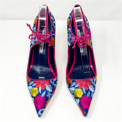 Manolo Blahnik Cotis Multicolor Floral Embroidered Pointed toe Ankle Wrap Pumps Size EU 39.5