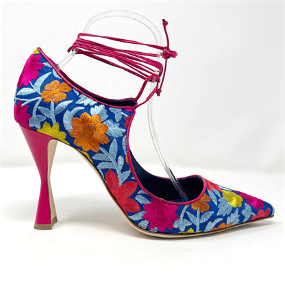 Manolo Blahnik Cotis Multicolor Floral Embroidered Pointed toe Ankle Wrap Pumps