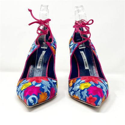 Manolo Blahnik Cotis Multicolor Floral Embroidered Pointed toe Ankle Wrap Pumps Size EU 39.5