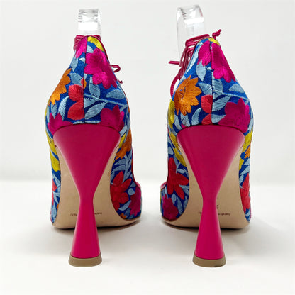 Manolo Blahnik Cotis Multicolor Floral Embroidered Pointed toe Ankle Wrap Pumps Size EU 39.5