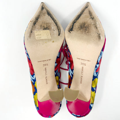 Manolo Blahnik Cotis Multicolor Floral Embroidered Pointed toe Ankle Wrap Pumps Size EU 39.5