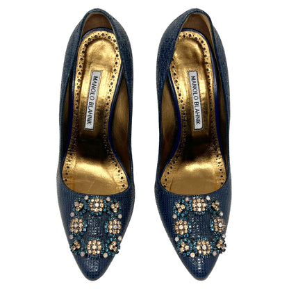 Manolo Blahnik Hangisi Blue Snakeskin Embossed Leather Crystal Buckle Pumps Size EU 36.5