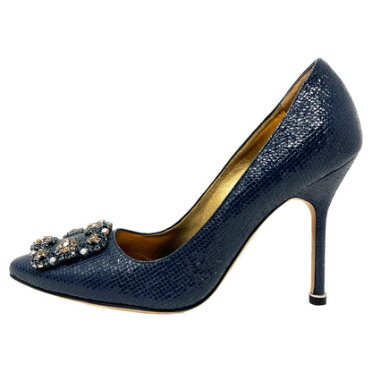 Manolo Blahnik Hangisi Blue Snakeskin Embossed Leather Crystal Buckle Pumps Size EU 36.5