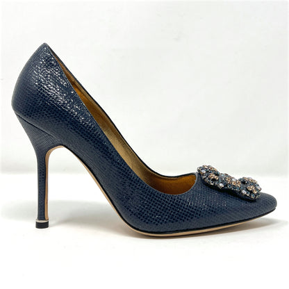 Manolo Blahnik Hangisi Blue Snakeskin Embossed Leather Crystal Buckle Pumps Size EU 36.5