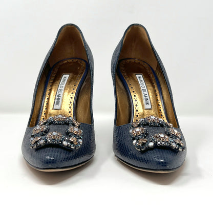 Manolo Blahnik Hangisi Blue Snakeskin Embossed Leather Crystal Buckle Pumps Size EU 36.5