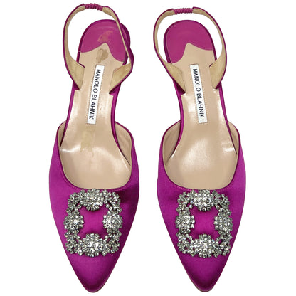 Manolo Blahnik Hangisi D'Orsay Satin Magenta Bright Pink Slingback Heels Pumps Size EU 39.5