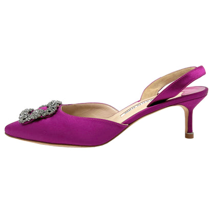 Manolo Blahnik Hangisi D'Orsay Satin Magenta Bright Pink Slingback Heels Pumps Size EU 39.5