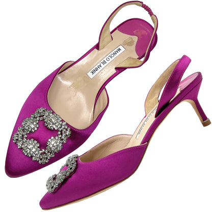 Manolo Blahnik Hangisi D'Orsay Satin Magenta Bright Pink Slingback Heels Pumps Size EU 39.5