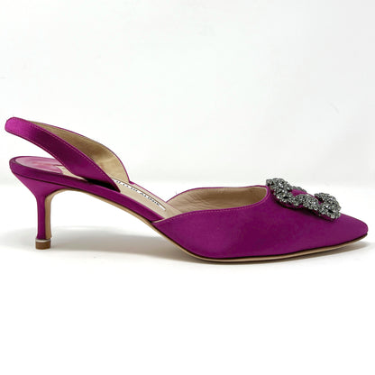 Manolo Blahnik Hangisi D'Orsay Satin Magenta Bright Pink Slingback Heels Pumps Size EU 39.5