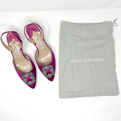 Manolo Blahnik Hangisi D'Orsay Satin Magenta Bright Pink Slingback Heels Pumps Size EU 39.5