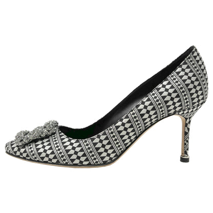 Manolo Blahnik Hangisi Silver Black Jacquard Geometric Print Crystal Buckle Heels Pumps