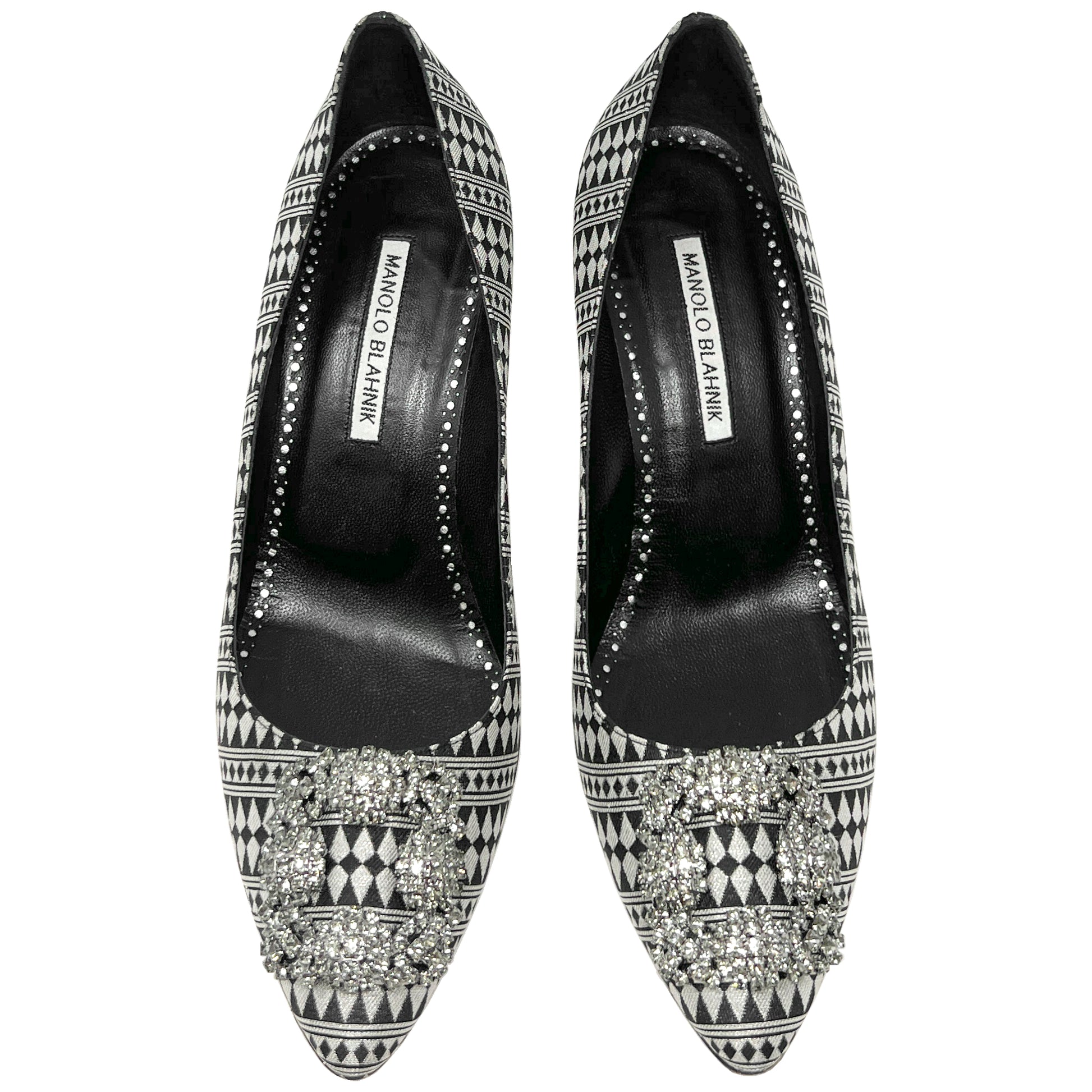 Manolo Blahnik Hangisi Silver Black Jacquard Geometric Print Crystal Buckle Heels Pumps