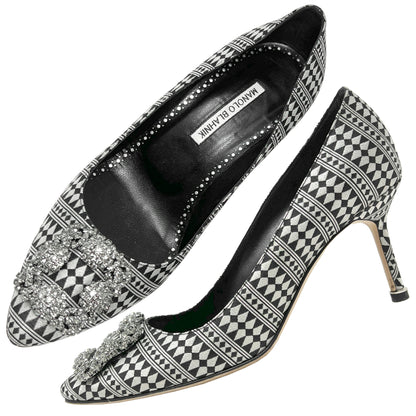 Manolo Blahnik Hangisi Silver Black Jacquard Geometric Print Crystal Buckle Heels Pumps