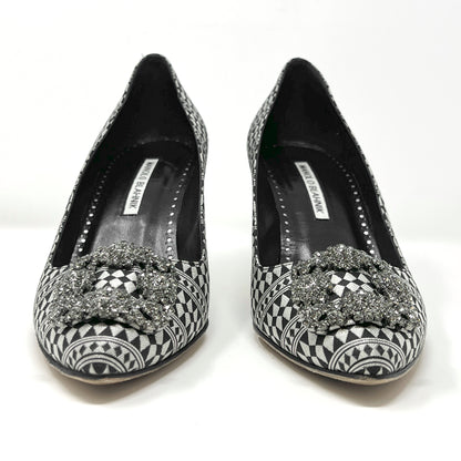 Manolo Blahnik Hangisi Silver Black Jacquard Geometric Print Crystal Heels Pumps Size EU 39