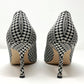 Manolo Blahnik Hangisi Silver Black Jacquard Geometric Print Crystal Heels Pumps Size EU 39