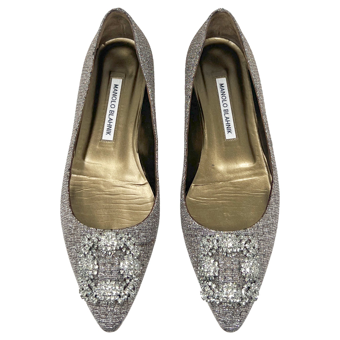 Manolo Blahnik Hangisi Gold Silver Metallic Lurex Crystal Buckle Pointed Flats Size EU 38