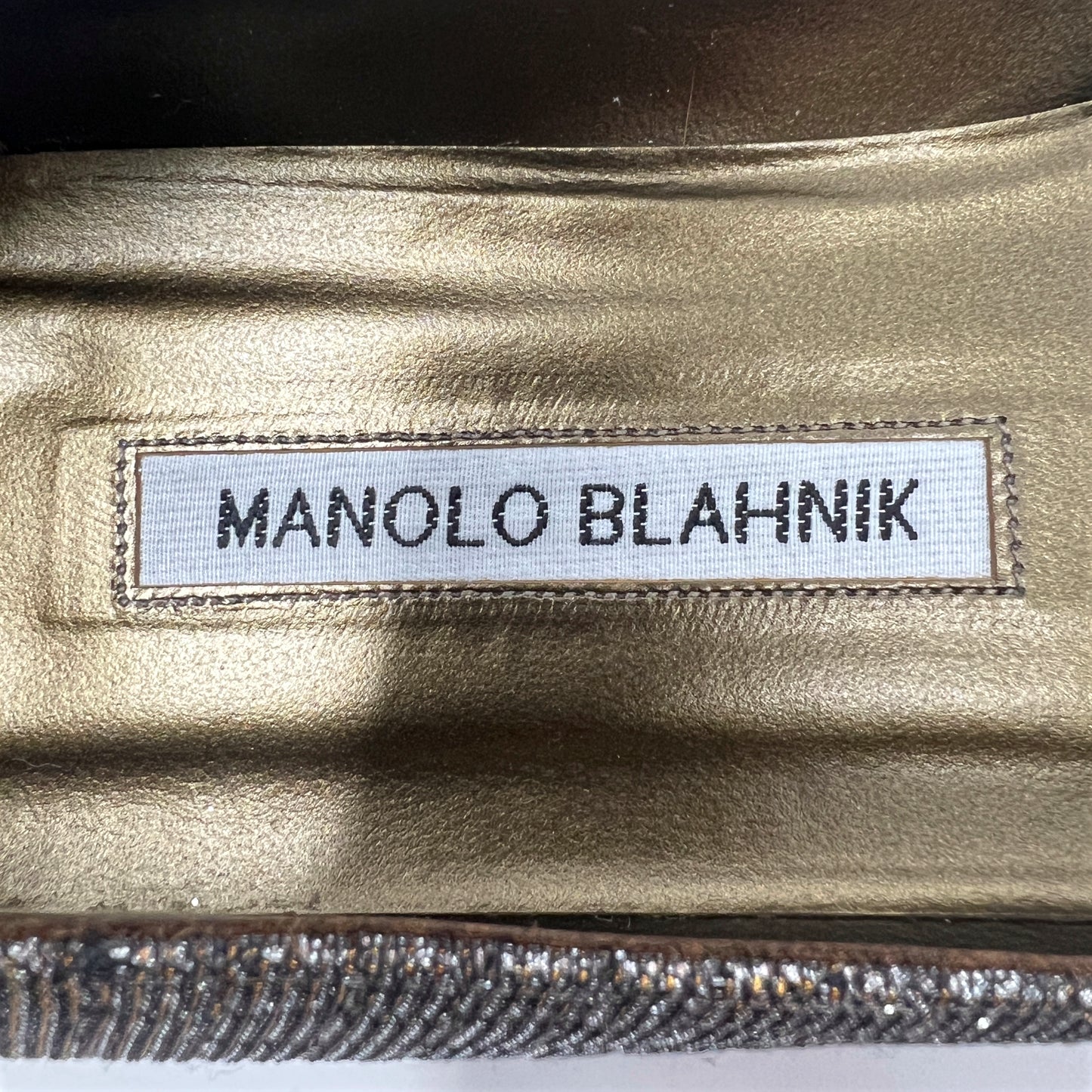 Manolo Blahnik Hangisi Gold Silver Metallic Lurex Crystal Buckle Pointed Flats Size EU 38