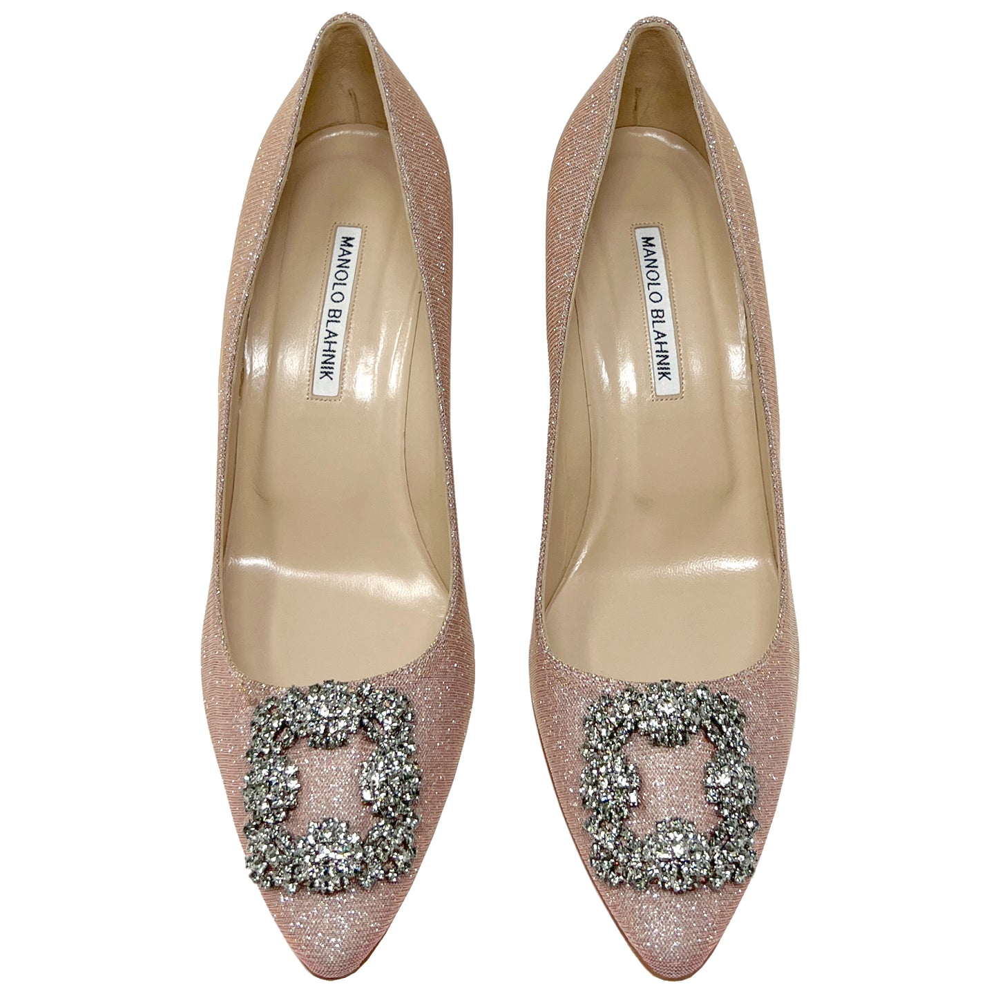Manolo Blahnik Hangisi 70 Pink Shimmer Fabric Crystal Buckle Pointed Heels Pumps Size EU 41