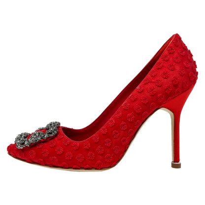 Manolo Blahnik Red Textured Satin Hangisi Crystal Buckle Pointed Toe Heels Pumps