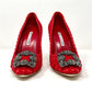Manolo Blahnik Red Textured Satin Hangisi Crystal Buckle Pointed Toe Heels Pumps Size EU 36.5