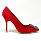 Manolo Blahnik Red Textured Satin Hangisi Crystal Buckle Pointed Toe Heels Pumps