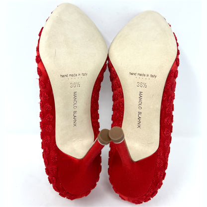 Manolo Blahnik Red Textured Satin Hangisi Crystal Buckle Pointed Toe Heels Pumps Size EU 36.5