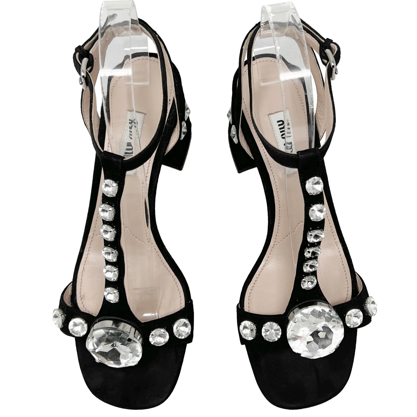 Miu Miu Black Suede Crystal Embellished T-Strap Low Block Heels Sandals Size EU 37.5