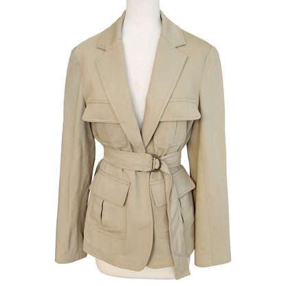 Nili Lotan Tan Khaki Hunt Safari Style Belted Multi-pocket Twill Blazer Jacket Size US 8