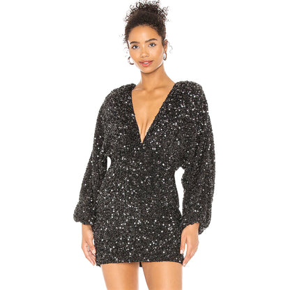 Retrofete Aubrielle Black Sequin Embellished Long Sleeve Deep V Neck Mini Dress Size S