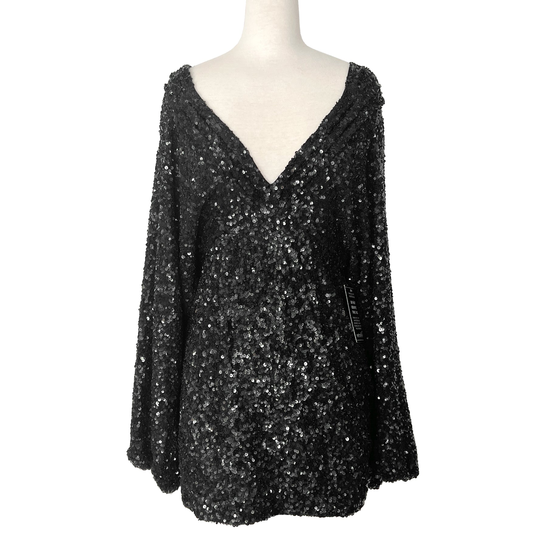 Retrofete Aubrielle Black Sequin Embellished Long Sleeve Deep V Neck Mini Dress