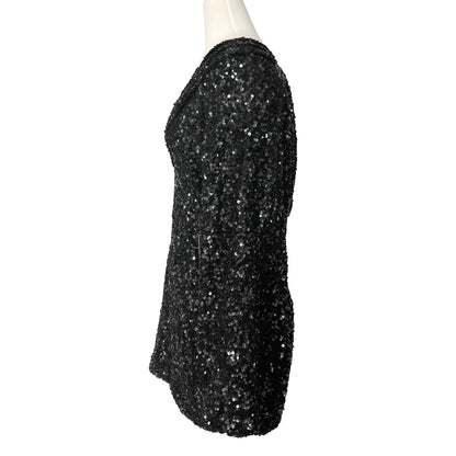 Retrofete Aubrielle Black Sequin Embellished Long Sleeve Deep V Neck Mini Dress Size S